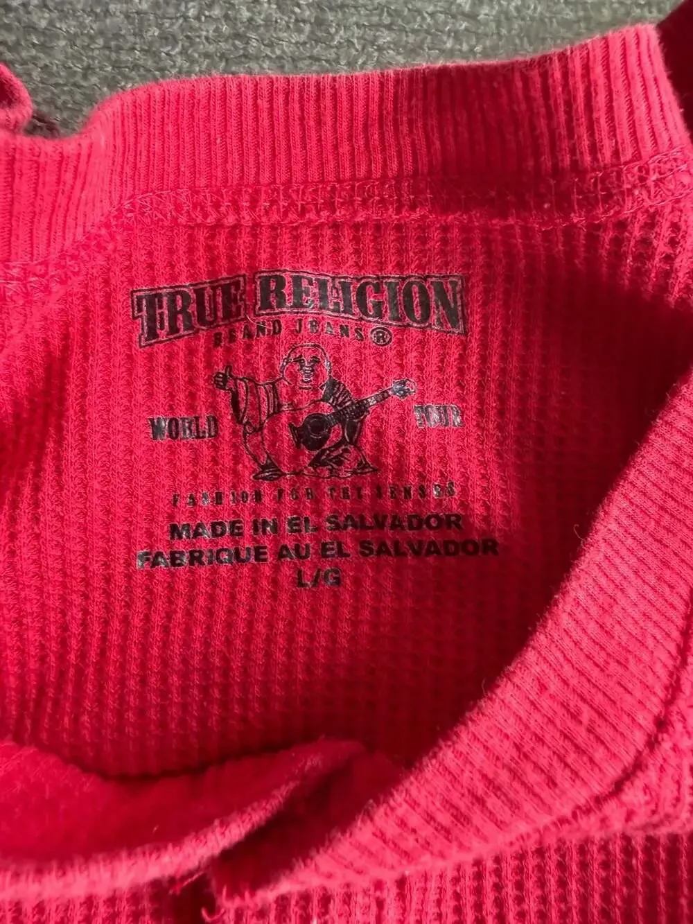 True Religion Logo Long Sleeve Ribbed Henley Thermal Shirt
